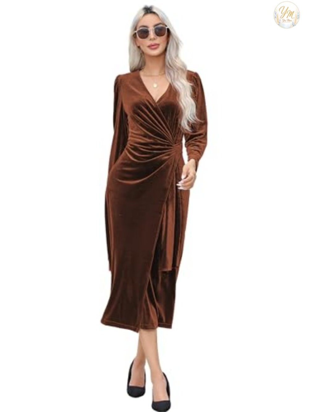 R.Vivimos Velvet Wrap Midi Dress Long Sleeve V Neck Casual Formal